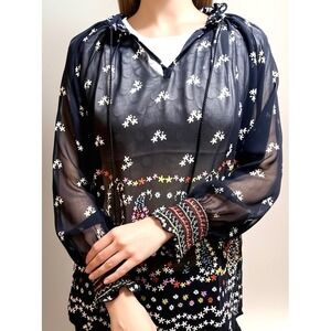 CAbi‎ Blouse #5784 Enjoy Navy Blue Multicolor Floral Paisley Tunic  Size L NWOT